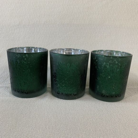 3 Glass Candle Holder Votive Tealight Christmas Holiday Snowflake Green Silver - Picture 3 of 16